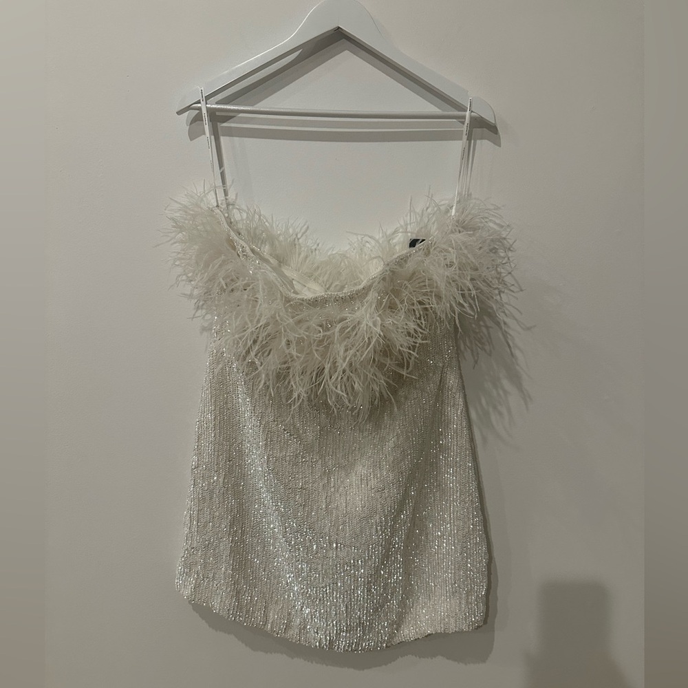 Retrofete NWT XXLarge White Sequin Feather Strapless Torin Dress - Picture 6 of 14